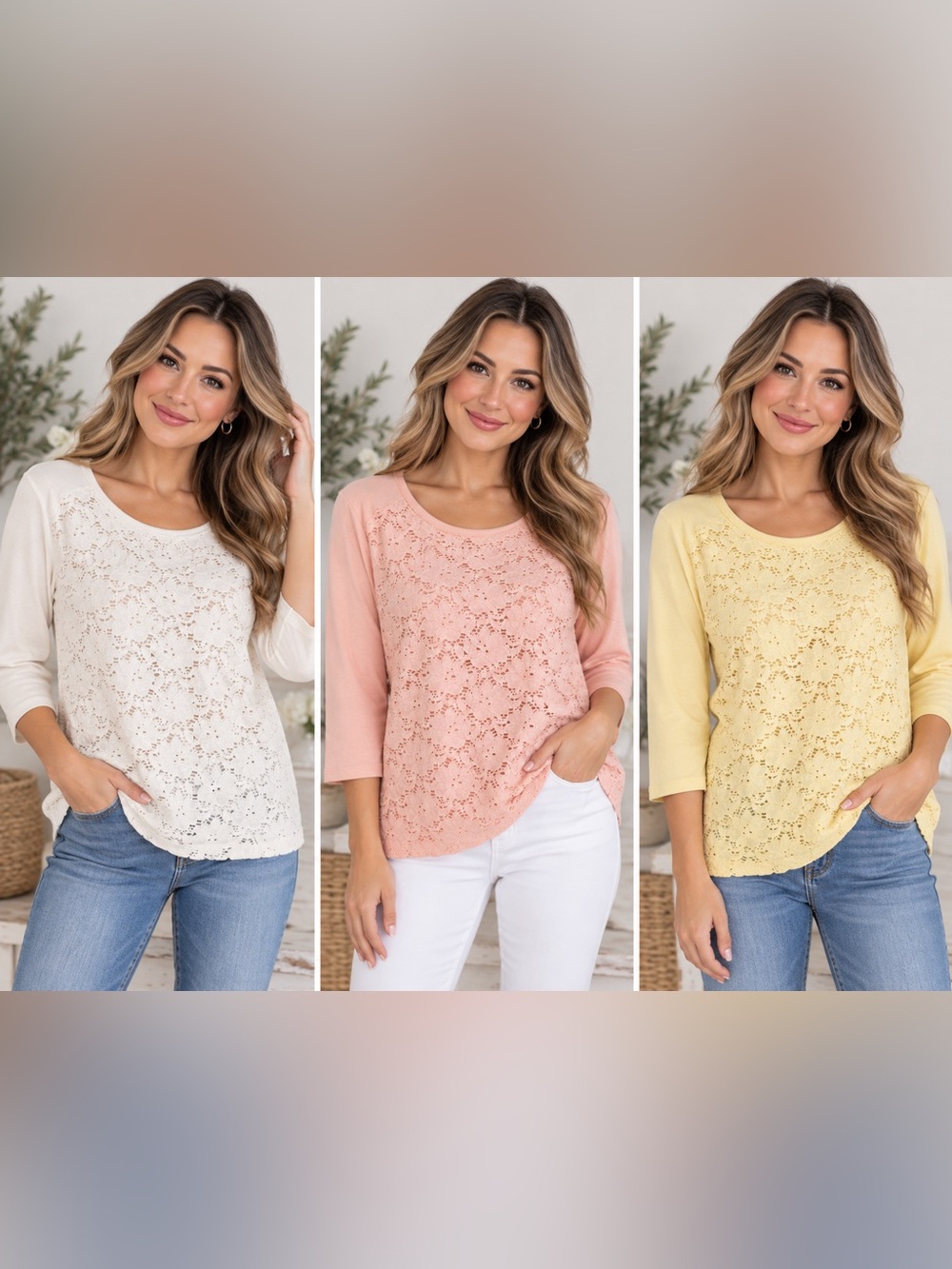 (3) Croft & Barrow Lace Front 3/4 Sleeve Tops Multi Pack Bundle Size Medium